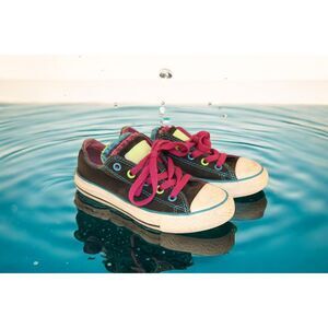 Girls Converse Size 12.5 All Stars 5 Tongue Black Neon Pink Green Good Preowned